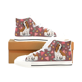 Basset Hound Flower White Men’s Classic High Top Canvas Shoes /Large Size - TeeAmazing