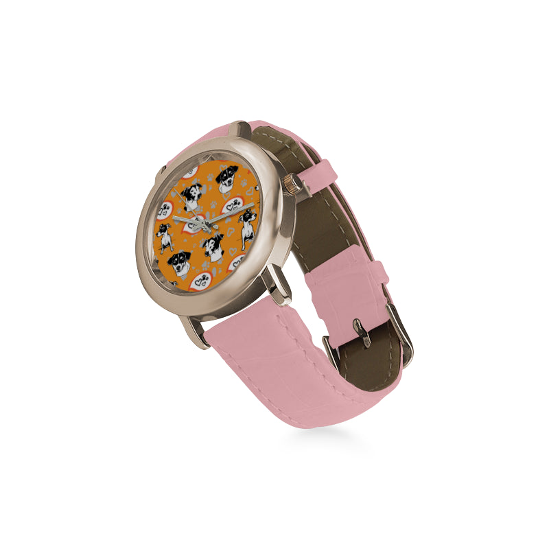 Jack Russell Terrier Pattern Women's Rose Gold Leather Strap Watch - TeeAmazing