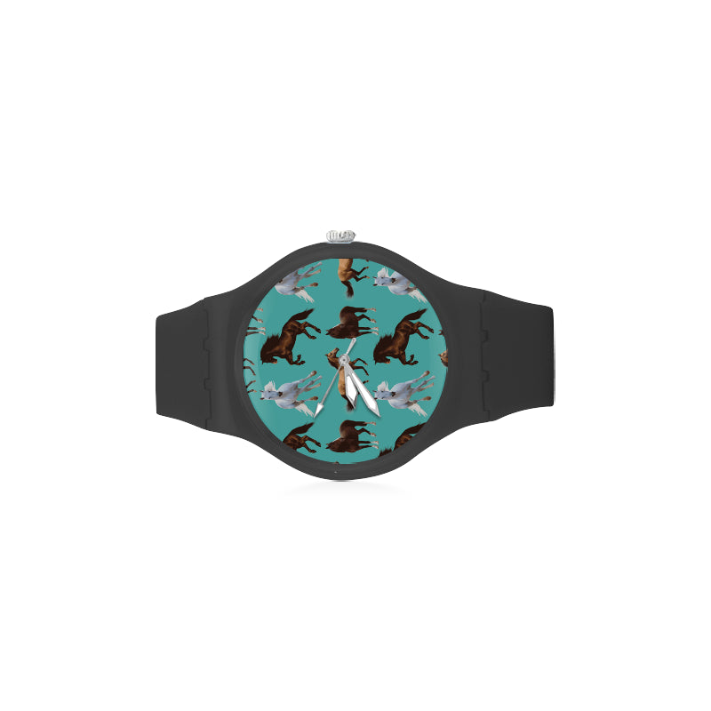 Horse Pattern Black Unisex Round Rubber Sport Watch - TeeAmazing