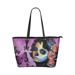 Sugar Skull Candy V1 Leather Tote Bag/Small - TeeAmazing