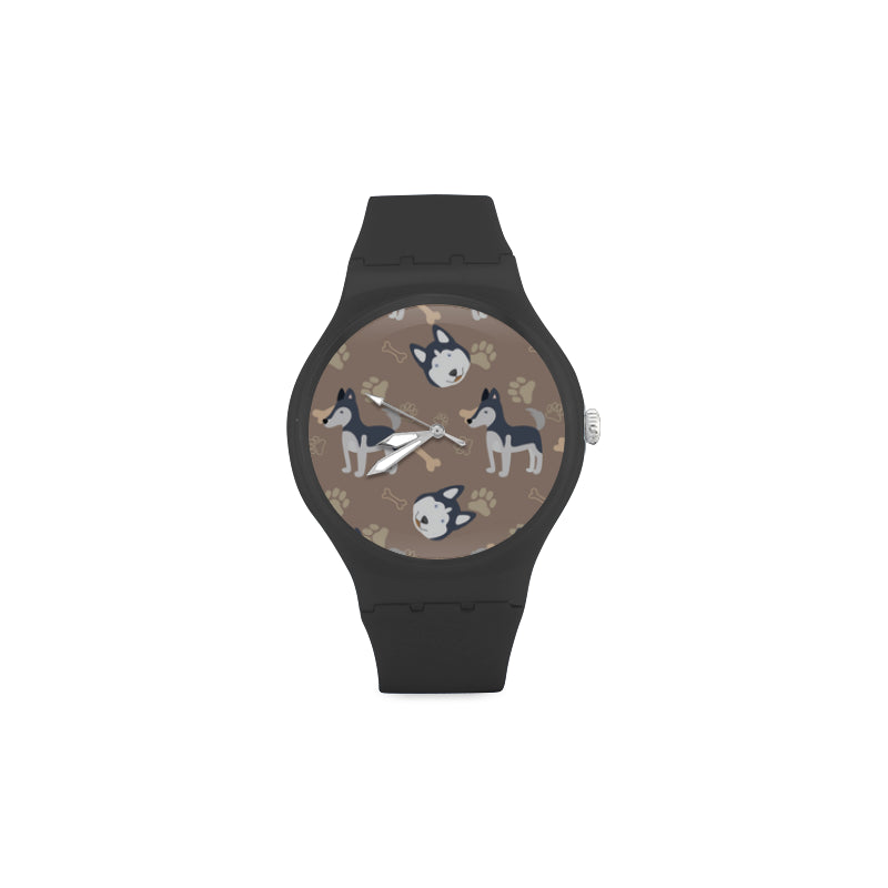 Siberian Husky Pattern Black Unisex Round Rubber Sport Watch - TeeAmazing