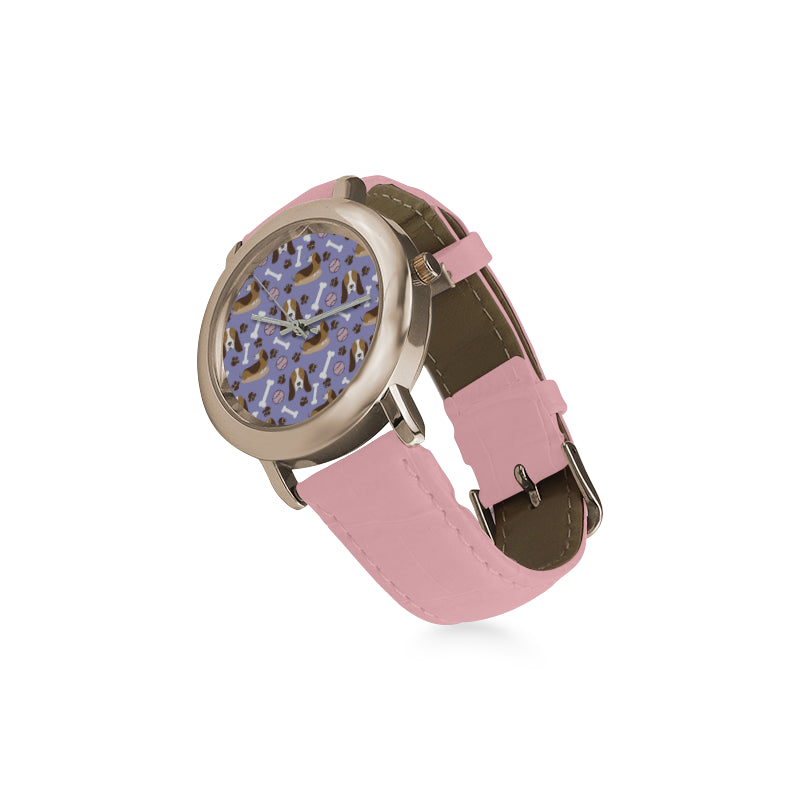 Basset Hound Pattern Women's Rose Gold Leather Strap Watch - TeeAmazing