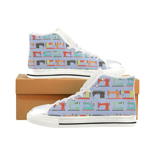 Sewing Machine Pattern White High Top Canvas Women's Shoes/Large Size - TeeAmazing