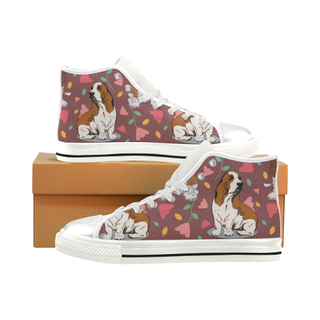 Basset Hound Flower White High Top Canvas Women's Shoes/Large Size (Model 017) - TeeAmazing