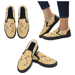 Corgi Flower Black Women's Slip-on Canvas Shoes - TeeAmazing