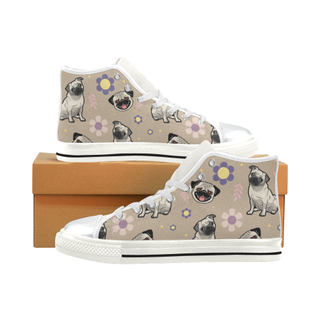Pug Flower White High Top Canvas Women's Shoes/Large Size (Model 017) - TeeAmazing