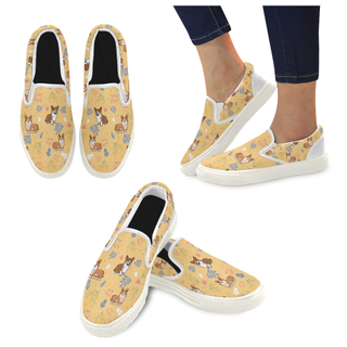 Corgi Flower White Women's Slip-on Canvas Shoes - TeeAmazing