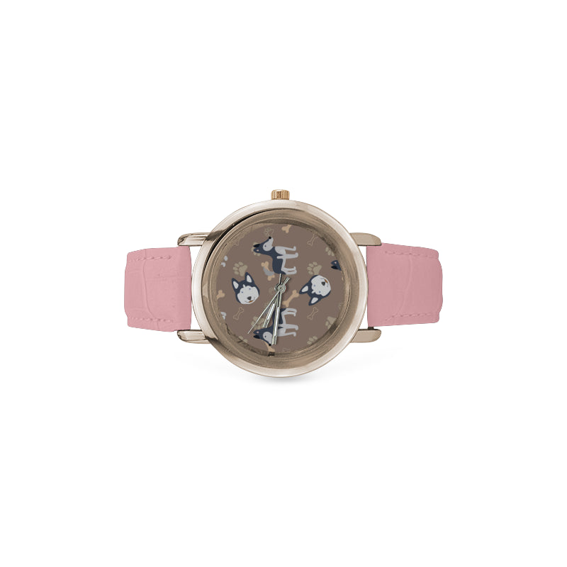 Siberian Husky Pattern Women's Rose Gold Leather Strap Watch - TeeAmazing