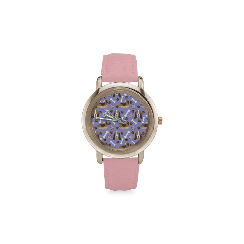 Basset Hound Pattern Women's Rose Gold Leather Strap Watch - TeeAmazing