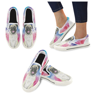 Pug Water Colour No.1 White Women's Slip-on Canvas Shoes/Large Size (Model 019) - TeeAmazing