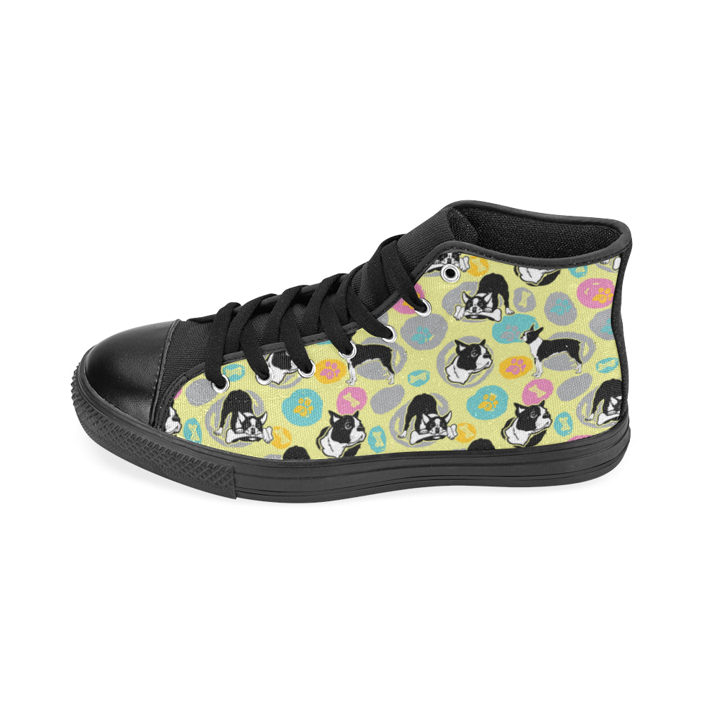 Boston Terrier Pattern Black High Top Canvas Shoes for Kid - TeeAmazing