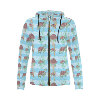 Turtle All Over Print Full Zip Hoodie for Women - TeeAmazing