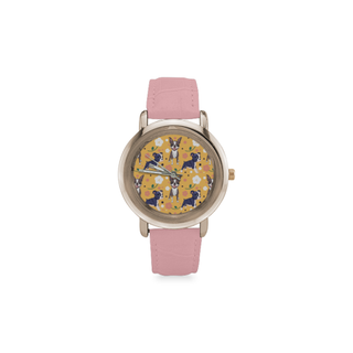 Boston Terrier Flower Women's Rose Gold Leather Strap Watch - TeeAmazing