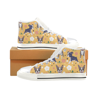 Boston Terrier Flower White High Top Canvas Women's Shoes/Large Size (Model 017) - TeeAmazing