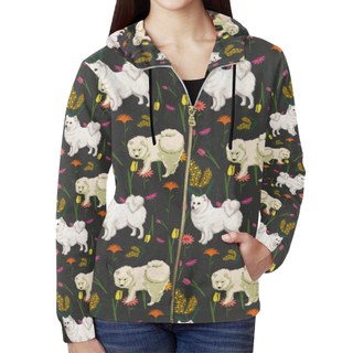 American Eskimo Dog Flower All Over Print Full Zip Hoodie for Women (Model H14) - TeeAmazing