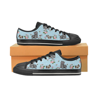 Skye Terrier Flower Black Low Top Canvas Shoes for Kid (Model 018) - TeeAmazing