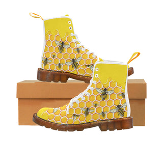 Bee Pattern White Boots For Women - TeeAmazing