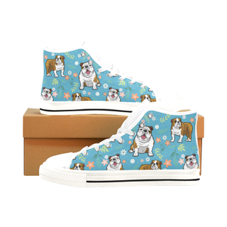 English Bulldog Flower White Men’s Classic High Top Canvas Shoes /Large Size - TeeAmazing