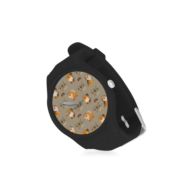 Pomeranian Pattern Black Unisex Round Rubber Sport Watch - TeeAmazing