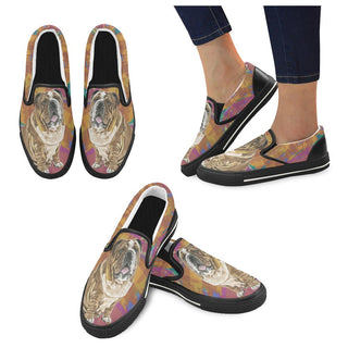 English Bulldog Water Colour No.2 Black Women's Slip-on Canvas Shoes/Large Size (Model 019) - TeeAmazing