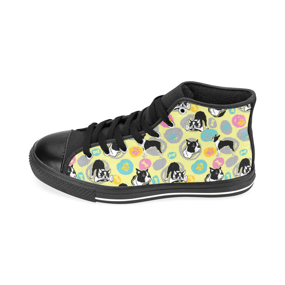 Boston Terrier Pattern Black Men’s Classic High Top Canvas Shoes /Large Size - TeeAmazing