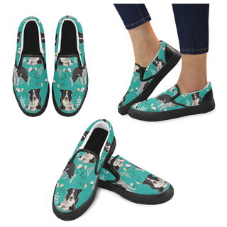 Border Collie Flower Black Women's Slip-on Canvas Shoes - TeeAmazing