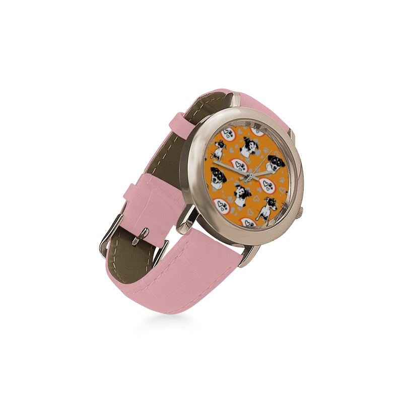 Jack Russell Terrier Pattern Women's Rose Gold Leather Strap Watch - TeeAmazing