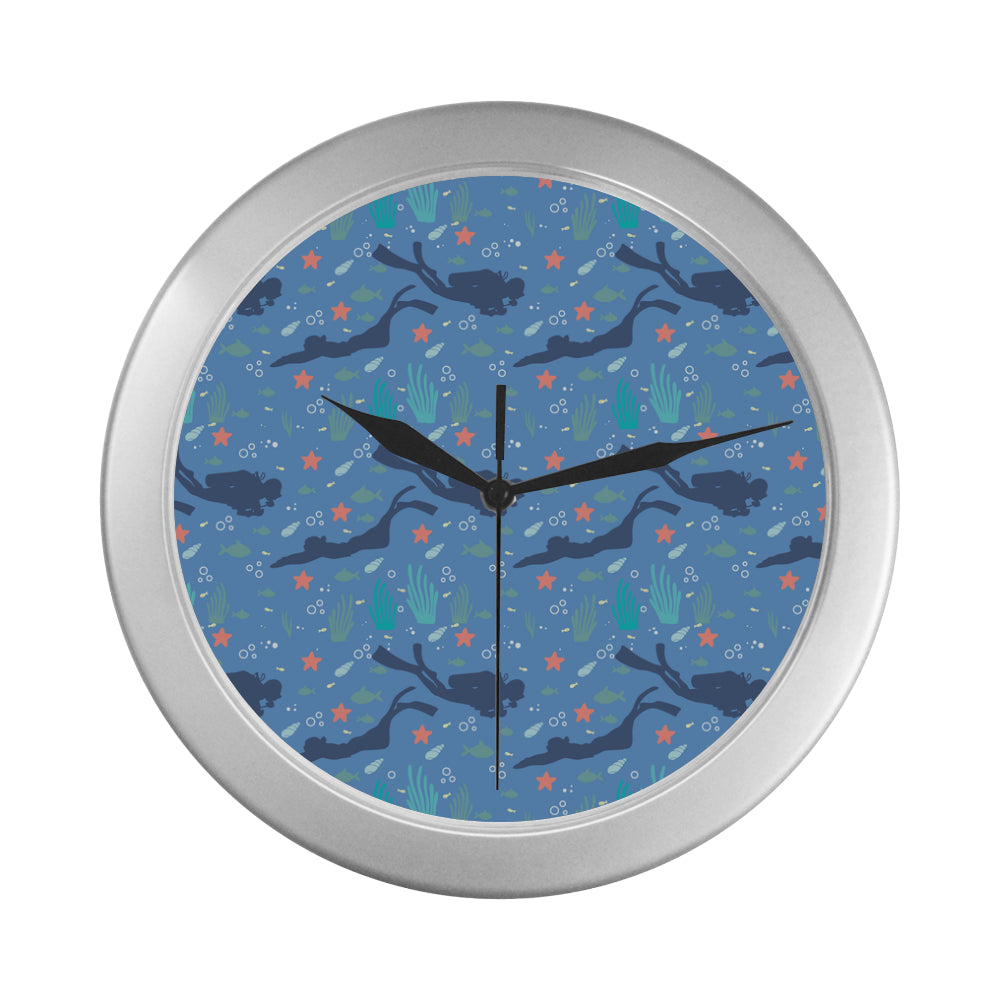 Scuba Diving Pattern Silver Color Wall Clock - TeeAmazing