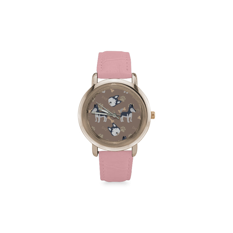 Siberian Husky Pattern Women's Rose Gold Leather Strap Watch - TeeAmazing