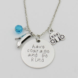 Cinderella movie inspired vintage necklace "Have courage and be kind" Fairy Godmother Glass Slipper Magic Pumpkin Car Pendant - TeeAmazing