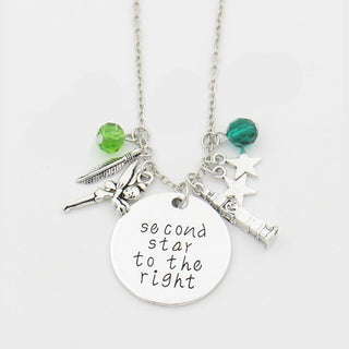 Peter Pan Crystals Necklace "Second Star to the Right" Letter Necklaces,Tinkerbell Neverland Tower,Leaf,stars, Movie Jewelry - TeeAmazing